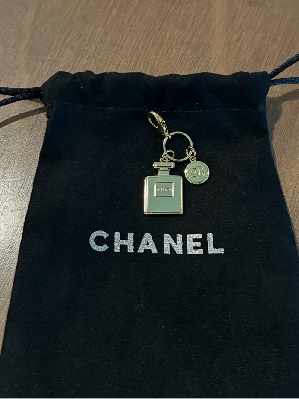 CHANEL Gold Perfume Bottle Charm Keyring with Logo Disc